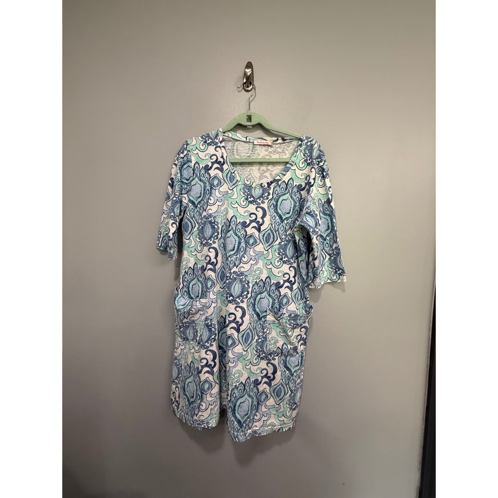 Fresh Produce Womens Blue Teal Paisley Slub Cotton V-Neck Pocket Shift Dress LG